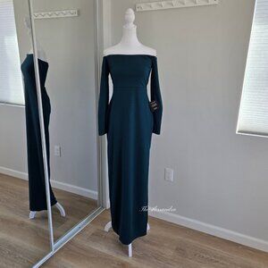 Off-Shoulder Long Sleeve Teal Evening Dress